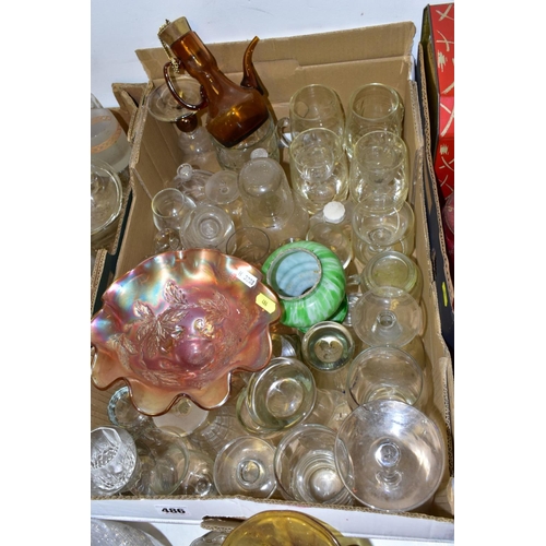 486 - THREE BOXES AND LOOSE GLASSWARE, including coloured and press moulded pieces, Carnival glass bowls, ... 