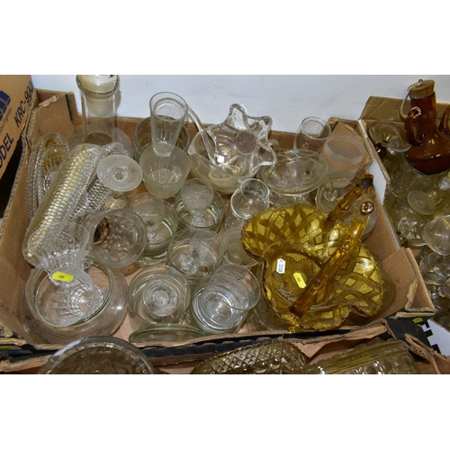 486 - THREE BOXES AND LOOSE GLASSWARE, including coloured and press moulded pieces, Carnival glass bowls, ... 