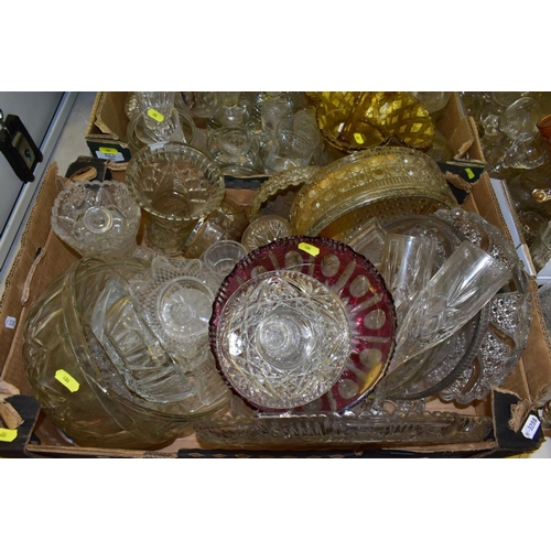 486 - THREE BOXES AND LOOSE GLASSWARE, including coloured and press moulded pieces, Carnival glass bowls, ... 