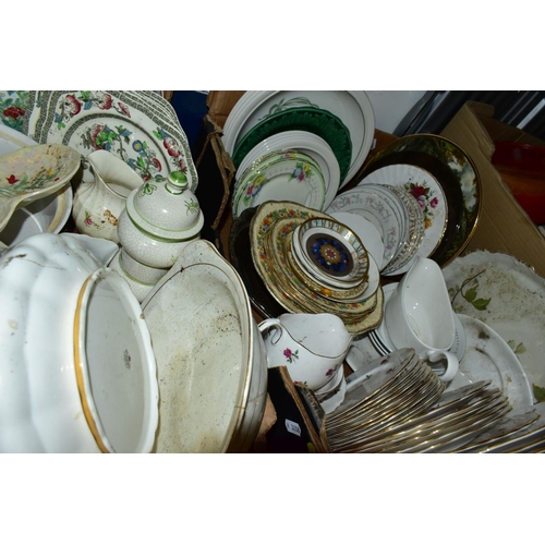 487 - EIGHT BOXES OF ASSORTED KITCHEN CROCKERY AND COOKING UTENSILS, including Wedgwood and Co 'Garden' pa... 