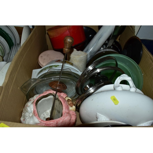 487 - EIGHT BOXES OF ASSORTED KITCHEN CROCKERY AND COOKING UTENSILS, including Wedgwood and Co 'Garden' pa... 