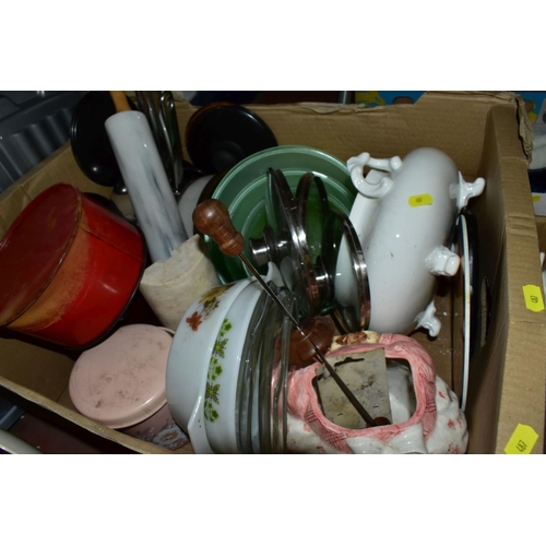 487 - EIGHT BOXES OF ASSORTED KITCHEN CROCKERY AND COOKING UTENSILS, including Wedgwood and Co 'Garden' pa... 