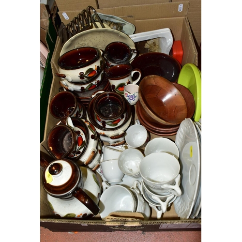 487 - EIGHT BOXES OF ASSORTED KITCHEN CROCKERY AND COOKING UTENSILS, including Wedgwood and Co 'Garden' pa... 