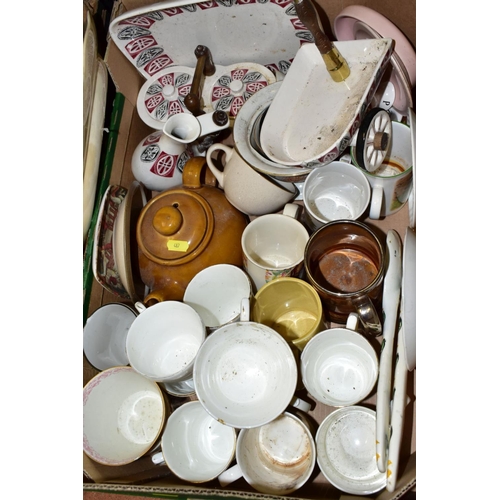 487 - EIGHT BOXES OF ASSORTED KITCHEN CROCKERY AND COOKING UTENSILS, including Wedgwood and Co 'Garden' pa... 