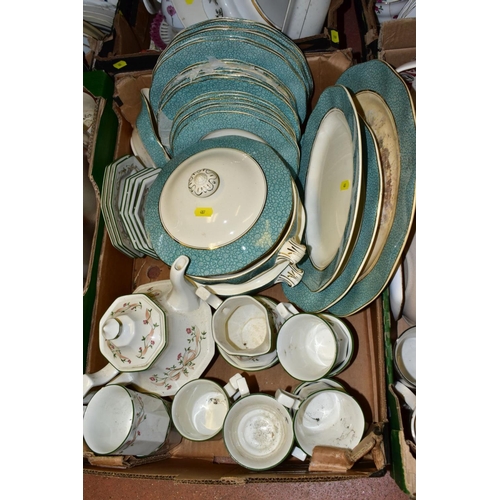 487 - EIGHT BOXES OF ASSORTED KITCHEN CROCKERY AND COOKING UTENSILS, including Wedgwood and Co 'Garden' pa... 