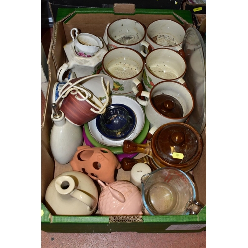 487 - EIGHT BOXES OF ASSORTED KITCHEN CROCKERY AND COOKING UTENSILS, including Wedgwood and Co 'Garden' pa... 