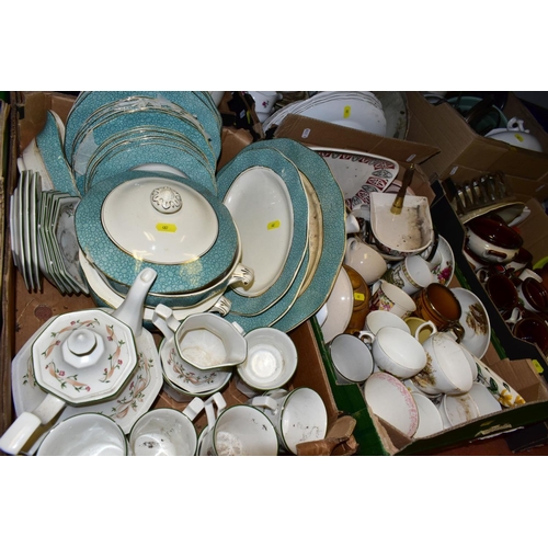 487 - EIGHT BOXES OF ASSORTED KITCHEN CROCKERY AND COOKING UTENSILS, including Wedgwood and Co 'Garden' pa... 