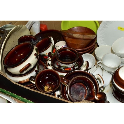 487 - EIGHT BOXES OF ASSORTED KITCHEN CROCKERY AND COOKING UTENSILS, including Wedgwood and Co 'Garden' pa... 