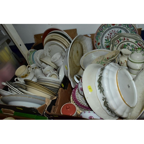 487 - EIGHT BOXES OF ASSORTED KITCHEN CROCKERY AND COOKING UTENSILS, including Wedgwood and Co 'Garden' pa... 