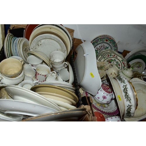 487 - EIGHT BOXES OF ASSORTED KITCHEN CROCKERY AND COOKING UTENSILS, including Wedgwood and Co 'Garden' pa... 