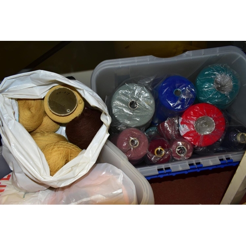 489 - SIX PLASTIC BOXES OF ASSORTED SPOOLS OF WOOL AND ACRYLIC, full and part spools, assorted colours, (6... 