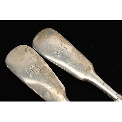 49 - TWO FIDDLE PATTERN SERVING TABLESPOONS, each with an engraved initial 'K' to the handles, one hallma... 