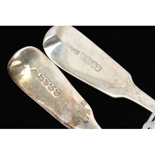 49 - TWO FIDDLE PATTERN SERVING TABLESPOONS, each with an engraved initial 'K' to the handles, one hallma... 