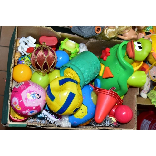 492 - THREE BOXES OF MODERN TOYS, SOFT TOYS AND DOLLS, including Barbie, Fisher Price and Leap Frog baby t... 