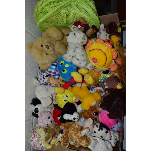 492 - THREE BOXES OF MODERN TOYS, SOFT TOYS AND DOLLS, including Barbie, Fisher Price and Leap Frog baby t... 