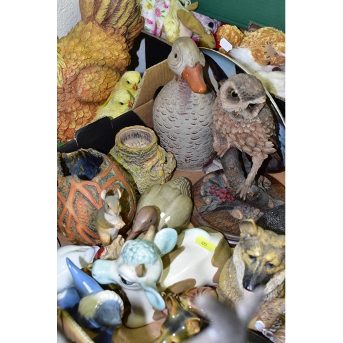 493 - TWO BOXES AND LOOSE ANIMAL AND BIRD SCULPTURES AND ORNAMENTS IN CERAMIC AND RESIN, ETC, including a ... 