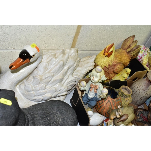 493 - TWO BOXES AND LOOSE ANIMAL AND BIRD SCULPTURES AND ORNAMENTS IN CERAMIC AND RESIN, ETC, including a ... 