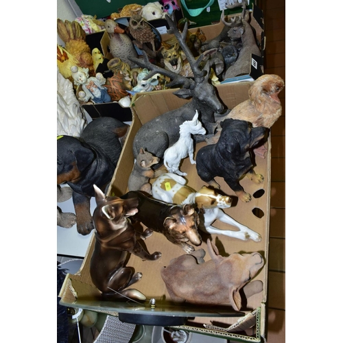 493 - TWO BOXES AND LOOSE ANIMAL AND BIRD SCULPTURES AND ORNAMENTS IN CERAMIC AND RESIN, ETC, including a ... 