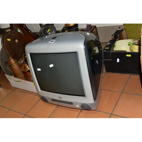 494 - THREE BOXES OF METALWARES, ETC, five loose pictures, IMAC monitor and a boxed Eumig Projector, the I... 