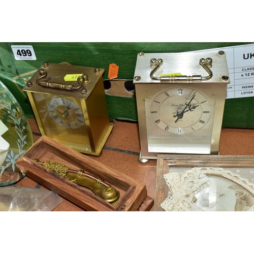 499 - TWO BOXES OF SUNDRY ITEMS, to include quartz carriage clocks, sewing box with accessories, photo fra... 