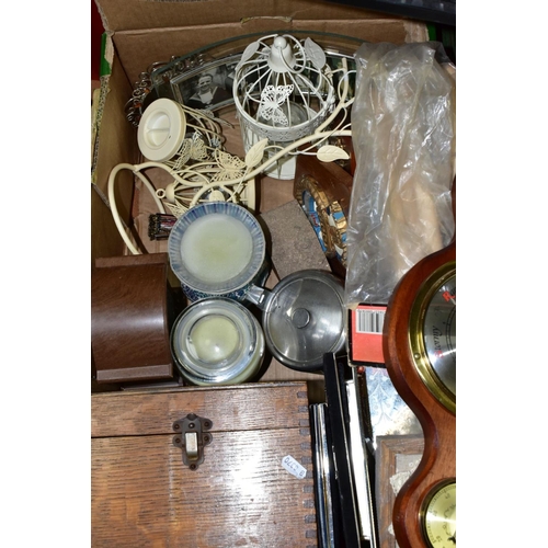 499 - TWO BOXES OF SUNDRY ITEMS, to include quartz carriage clocks, sewing box with accessories, photo fra... 