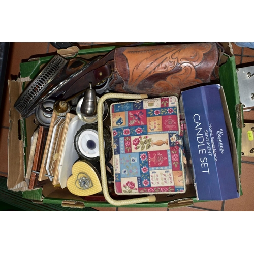 499 - TWO BOXES OF SUNDRY ITEMS, to include quartz carriage clocks, sewing box with accessories, photo fra... 