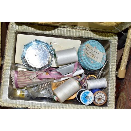 499 - TWO BOXES OF SUNDRY ITEMS, to include quartz carriage clocks, sewing box with accessories, photo fra... 