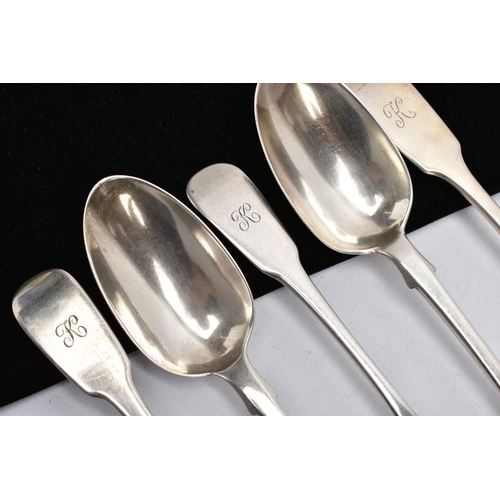 50 - FIVE SILVER FIDDLE PATTERN TABLESPOONS, each with an engraved initial 'K' to the handles, four hallm... 