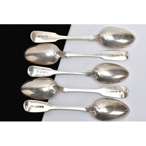 50 - FIVE SILVER FIDDLE PATTERN TABLESPOONS, each with an engraved initial 'K' to the handles, four hallm... 