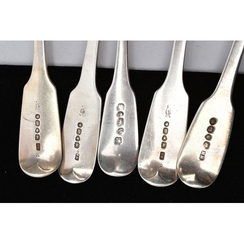 50 - FIVE SILVER FIDDLE PATTERN TABLESPOONS, each with an engraved initial 'K' to the handles, four hallm... 