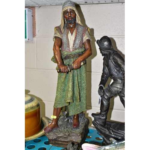 500 - ASSORTED SCULPTURES, ETC, to include a ceramic Moorish figure, approximately 64cm (damaged) Spelter ... 