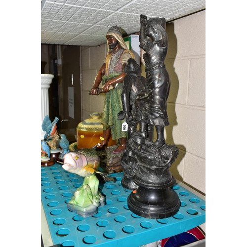 500 - ASSORTED SCULPTURES, ETC, to include a ceramic Moorish figure, approximately 64cm (damaged) Spelter ... 