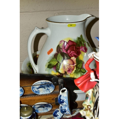 501 - THREE BOXES AND LOOSE CERAMICS AND GLASSWARE, ETC, including five Sylvac ware tankards, 20th century... 