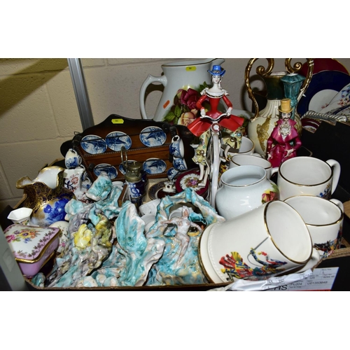 501 - THREE BOXES AND LOOSE CERAMICS AND GLASSWARE, ETC, including five Sylvac ware tankards, 20th century... 