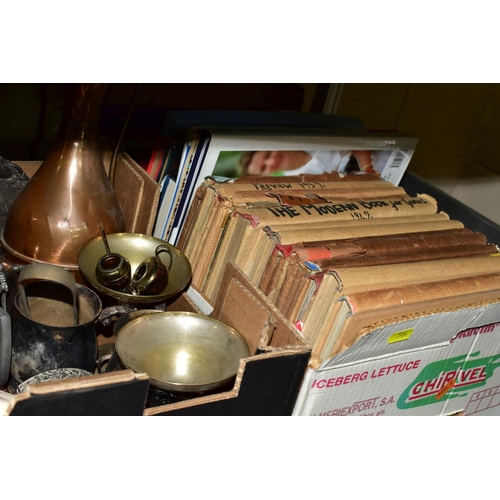 504 - FIVE BOXES AND LOOSE BOOKS, CERAMICS, METALWARE, KITCHEN UTENSILS, ETC, including a quantity of pape... 