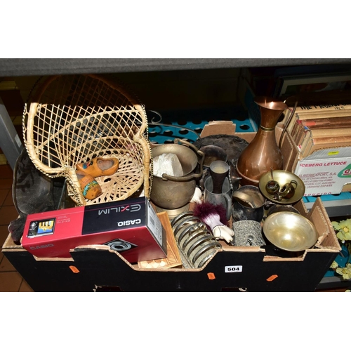 504 - FIVE BOXES AND LOOSE BOOKS, CERAMICS, METALWARE, KITCHEN UTENSILS, ETC, including a quantity of pape... 