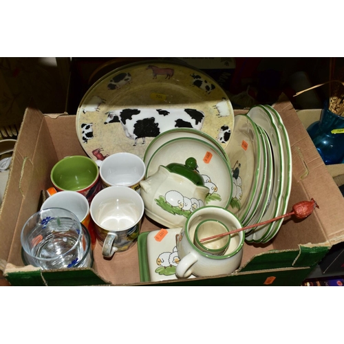 504 - FIVE BOXES AND LOOSE BOOKS, CERAMICS, METALWARE, KITCHEN UTENSILS, ETC, including a quantity of pape... 