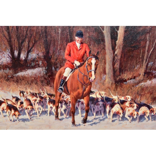 508 - RONALD 'RON' MOSELEY (BRITISH 1931), Huntsmen and Hounds riding through a snowy woodland, signed and... 