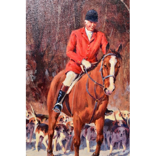 508 - RONALD 'RON' MOSELEY (BRITISH 1931), Huntsmen and Hounds riding through a snowy woodland, signed and... 