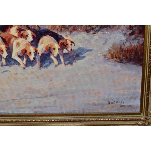 508 - RONALD 'RON' MOSELEY (BRITISH 1931), Huntsmen and Hounds riding through a snowy woodland, signed and... 