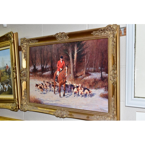 508 - RONALD 'RON' MOSELEY (BRITISH 1931), Huntsmen and Hounds riding through a snowy woodland, signed and... 