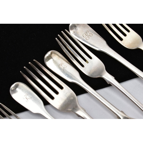 51 - A QUANTITY OF SILVER FIDDLE PATTERN FORKS, each with an engraved initial 'K' to the handles, each wi... 