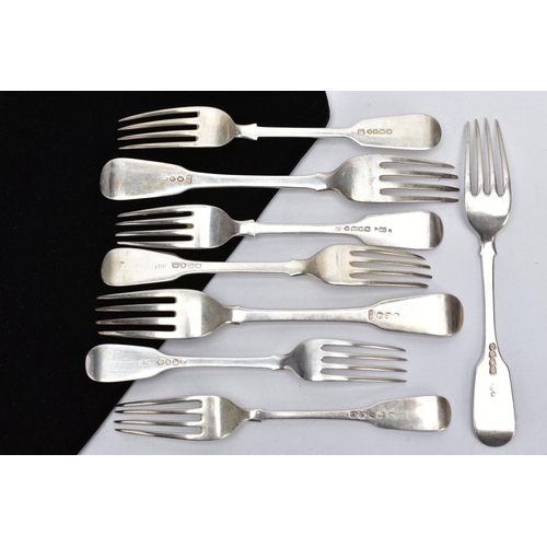 51 - A QUANTITY OF SILVER FIDDLE PATTERN FORKS, each with an engraved initial 'K' to the handles, each wi... 