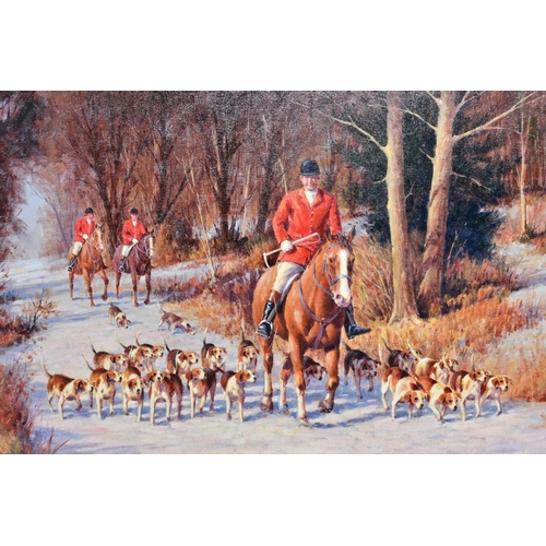 511 - RONALD 'RON' MOSELEY (BRITISH 1931), Huntsmen and Hounds riding through a snowy woodland, signed bot... 