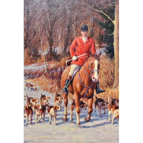 511 - RONALD 'RON' MOSELEY (BRITISH 1931), Huntsmen and Hounds riding through a snowy woodland, signed bot... 