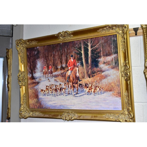 511 - RONALD 'RON' MOSELEY (BRITISH 1931), Huntsmen and Hounds riding through a snowy woodland, signed bot... 