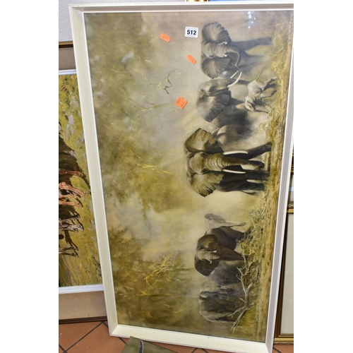 512 - ASSORTED PRINTS, ETC, to include David Shepherd framed print 'Elephants at Amboseli' size approximat... 