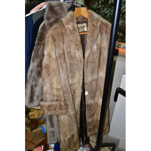 517 - A GROUP OF LADIES COATS, GILETS, DRESSES, ETC, to include a short brown mink fur jacket, a long ligh... 