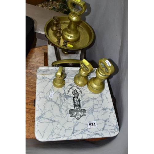 524 - A SET OF BERRY AND WARMINGTON BALANCE SCALES, mantel on a marble topped wooden plinth, retail scales... 