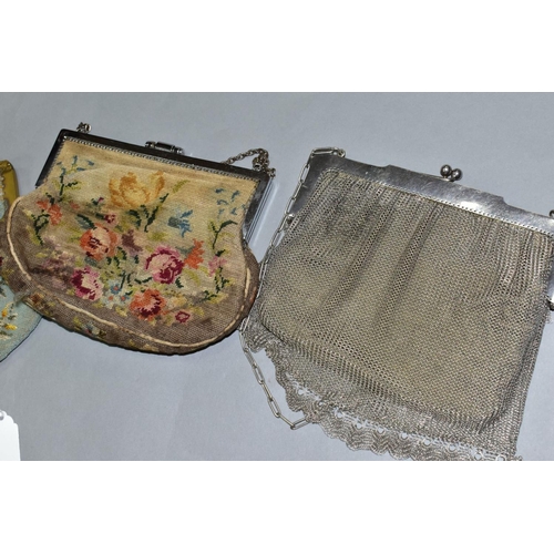 527 - THREE LADIES EVENING BAGS, comprising a chainmail example-no obvious damage, a bead work bag with lo... 